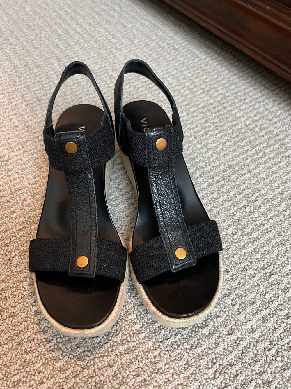 Vionic Calera Wedge Black Slingback Espadrille Sandals with Gold Accents